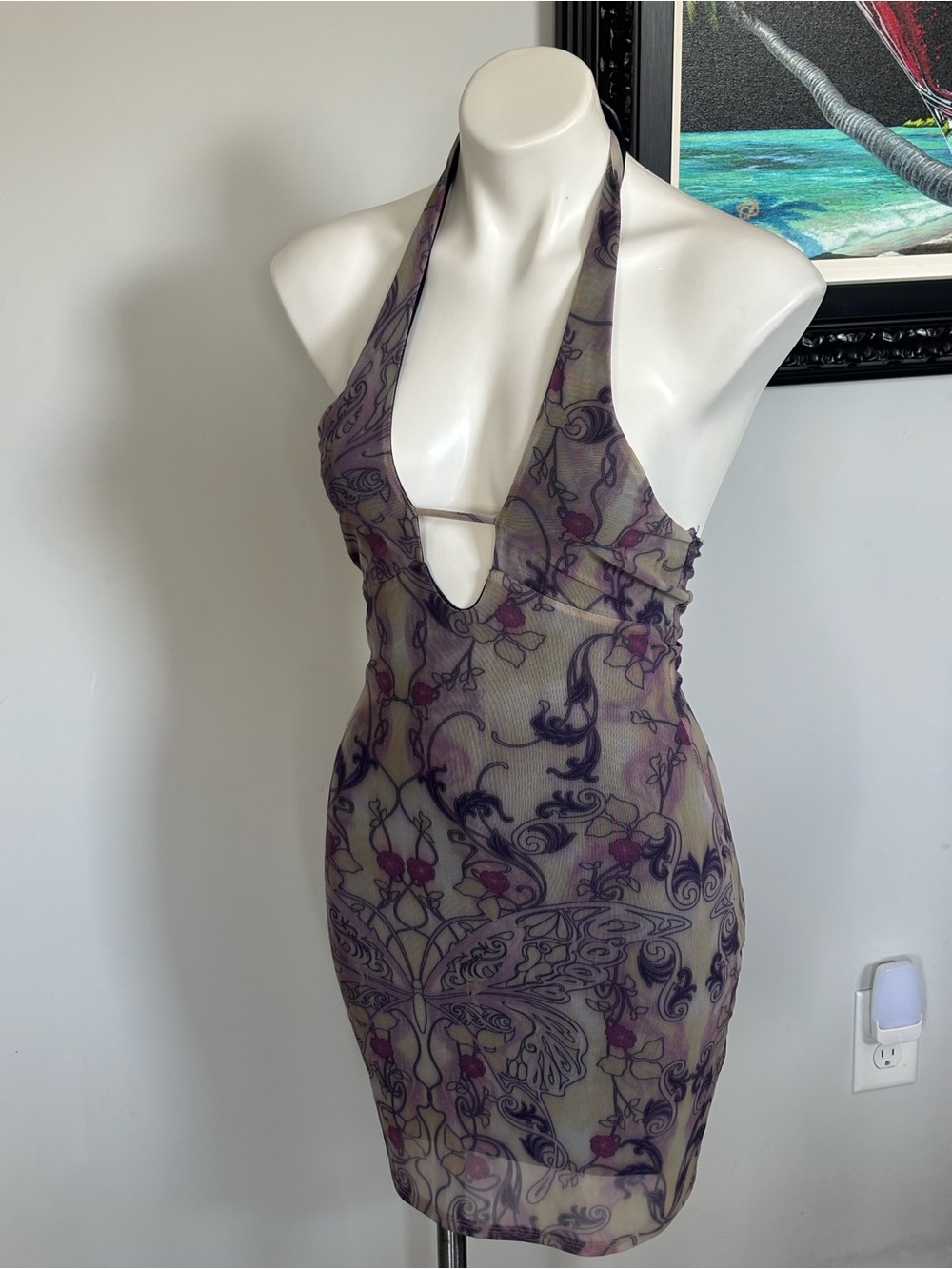 Silence +Noise Sheer Halter Mini Dress in Lavender and Pink Accents